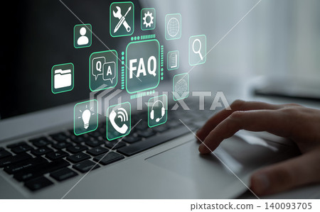Hand on Laptop Touchpad with Floating FAQ Icons Representing Online Customer Support and Information Technology Services in Modern Digital Environment Fluxor Hand on Laptop Touchpad with Floating FAQ Icons Representing Online Customer Support and Information Technology Services in Modern Digital Environment Fluxor 140093705