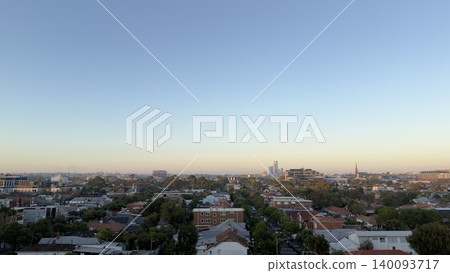 High angle perspective of Melbourne suburban residential area and city skyline. High angle perspective of Melbourne suburban residential area and city skyline. 140093717