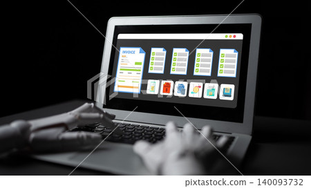 Robotic Hands Interacting with Laptop Displaying Digital Invoices and Documents for Automation and Modern Business Solutions Ledger Robotic Hands Interacting with Laptop Displaying Digital Invoices and Documents for Automation and Modern Business Solutions Ledger 140093732