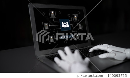 Futuristic robotic hand interacting with computer screen displaying human profiles and connections in a dark room for technology themes Ledger Futuristic robotic hand interacting with computer screen displaying human profiles and connections in a dark room for technology themes Ledger 140093733