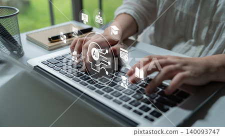 Person Using Laptop with AI Technology Icons in Modern Office Environment to Represent Digital Innovation and Technology Advancements Ledger Person Using Laptop with AI Technology Icons in Modern Office Environment to Represent Digital Innovation and Technology Advancements Ledger 140093747