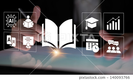 Digital Learning Concept with Open Book and Education Icons Representing Knowledge, Growth, and Future Potential in Modern Society Ledger Digital Learning Concept with Open Book and Education Icons Representing Knowledge, Growth, and Future Potential in Modern Society Ledger 140093766