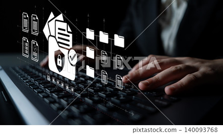 Business Person Using Laptop with Digital Security Icons Illustrating Data Protection and Document Management in Modern Office Environment Ledger Business Person Using Laptop with Digital Security Icons Illustrating Data Protection and Document Management in Modern Office Environment Ledger 140093768