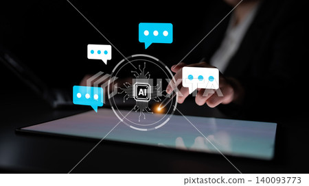 Conceptual Illustration of Artificial Intelligence Interaction with Digital Devices in a Dark Environment Ledger Conceptual Illustration of Artificial Intelligence Interaction with Digital Devices in a Dark Environment Ledger 140093773