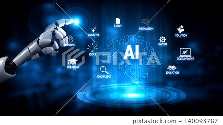 Futuristic Robot Hand Touching AI Concept with Abstract Icons Representing Learning, Innovation, Knowledge, and Development in Technology Environment Quark 140093787