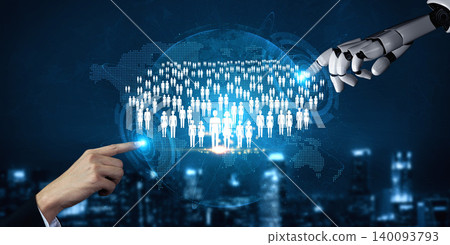 Human and Robot Interaction Concept with Digital Network and Global Population Representation in Futuristic City Background Quark Human and Robot Interaction Concept with Digital Network and Global Population Representation in Futuristic City Background Quark 140093793