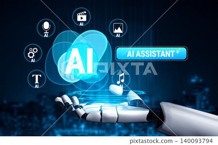 Futuristic Concept of AI Assistant with Robotic Hand and Interactive Icons Representing Various Functions and Capabilities in a Digital Environment Quark Futuristic Concept of AI Assistant with Robotic Hand and Interactive Icons Representing Various Functions and Capabilities in a Digital Environment Quark 140093794