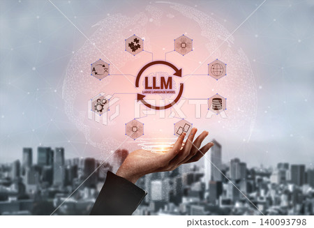 Hand Holding Labeled Icons Representing Large Language Model Concepts in a Modern Cityscape Background with Network Connection Elements Quark Hand Holding Labeled Icons Representing Large Language Model Concepts in a Modern Cityscape Background with Network Connection Elements Quark 140093798