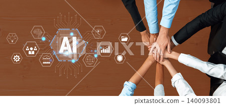 Hands Collaborating Around AI Technology Concepts on a Wooden Table Highlighting Innovation and Teamwork in a Modern Workspace Environment Quark Hands Collaborating Around AI Technology Concepts on a Wooden Table Highlighting Innovation and Teamwork in a Modern Workspace Environment Quark 140093801