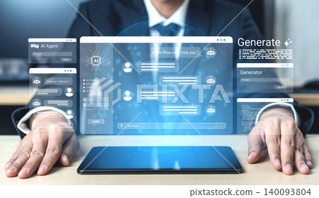 Business professional interacting with futuristic AI chat interface on tablet in modern office, showcasing technology and innovation in communication Ledger Business professional interacting with futuristic AI chat interface on tablet in modern office, showcasing technology and innovation in communication Ledger 140093804