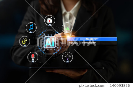 Business Professional Engaging with AI Technology and Virtual Assistant Interfaces on a Digital Tablet Screen for Modern Innovation and Productivity Solutions Quark Business Professional Engaging with AI Technology and Virtual Assistant Interfaces on a Digital Tablet Screen for Modern Innovation and Productivity Solutions Quark 140093856
