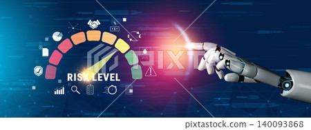Futuristic Robot Hand Pointing at Digital Risk Level Meter with Colorful Indicators and Data Icons in a High-Tech Environment Quark Futuristic Robot Hand Pointing at Digital Risk Level Meter with Colorful Indicators and Data Icons in a High-Tech Environment Quark 140093868