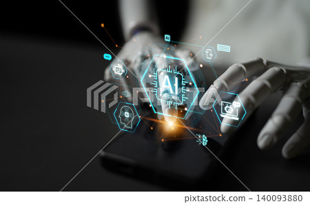 Global AI Assistant network and digital AI connectivity nodes connection. Corpus 140093880