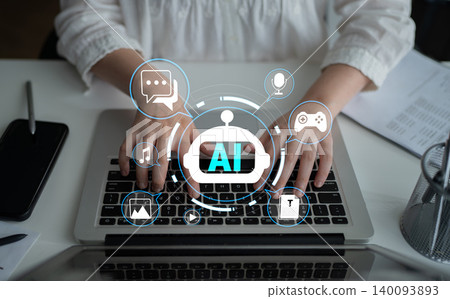 Innovative Technology Concept with AI Icon and Digital Communication Symbols Representing Artificial Intelligence and Modern Interaction Quark Innovative Technology Concept with AI Icon and Digital Communication Symbols Representing Artificial Intelligence and Modern Interaction Quark 140093893