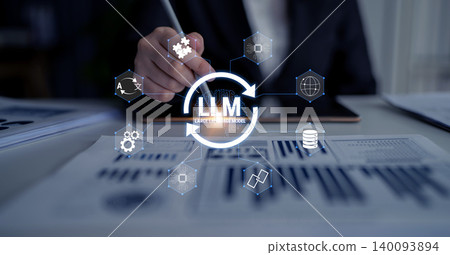 Business Professional Analyzing Data with Digital Interface and Icons Representing Management Processes and Strategies for Success Quark 140093894
