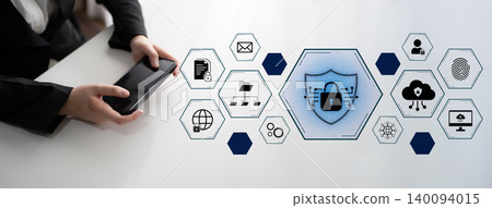 AI Cybersecurity Shield with Data Protection Icons and Circuit Lines. Corpus AI Cybersecurity Shield with Data Protection Icons and Circuit Lines. Corpus 140094015