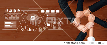 Collaborative Teamwork and Technology Integration in Business Settings Focused on Artificial Intelligence with Hands Joining in Unity on Wood Table Gantry Collaborative Teamwork and Technology Integration in Business Settings Focused on Artificial Intelligence with Hands Joining in Unity on Wood Table Gantry 140094032