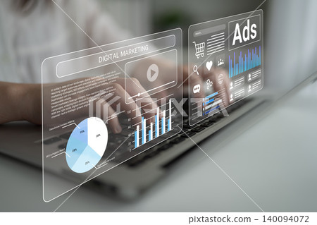 Modern Digital Marketing Strategy with Data Analysis and Visualizations on Laptop for Business Growth and Performance Improvement Gantry 140094072