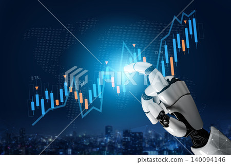 Futuristic robotic hand interacting with digital stock market data graph and world map in a high-tech financial analysis concept illustration Gantry Futuristic robotic hand interacting with digital stock market data graph and world map in a high-tech financial analysis concept illustration Gantry 140094146