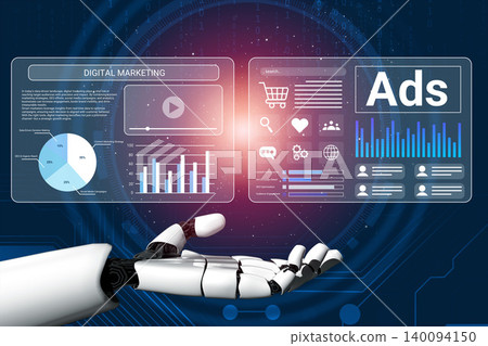 Futuristic Robotic Hand Interface with Digital Marketing Analytics, Ads Metrics, and Data Visualization for Innovative Advertising Strategies Gantry Futuristic Robotic Hand Interface with Digital Marketing Analytics, Ads Metrics, and Data Visualization for Innovative Advertising Strategies Gantry 140094150