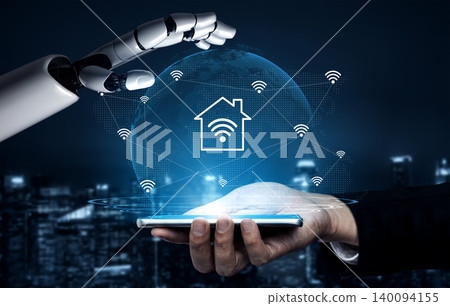 Futuristic Concept of Smart Home Technology with Robotic Hand and Digital Globe Displaying Wi-Fi Signals and Connectivity Gantry Futuristic Concept of Smart Home Technology with Robotic Hand and Digital Globe Displaying Wi-Fi Signals and Connectivity Gantry 140094155