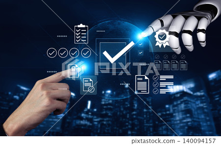 Concept of collaboration between human and robot hands with digital interface featuring check marks, data, and automation in a futuristic city backdrop Gantry Concept of collaboration between human and robot hands with digital interface featuring check marks, data, and automation in a futuristic city backdrop Gantry 140094157