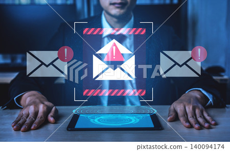 Businessman Analyzing Email Security Threats with Warning Signs and Floating Digital Interface Over Modern Workspace in Risk Management Concept Gantry Businessman Analyzing Email Security Threats with Warning Signs and Floating Digital Interface Over Modern Workspace in Risk Management Concept Gantry 140094174