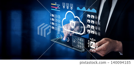 Businessman Using Tablet with Cloud Technology Graphics and Security Icons for Digital Transformation Concept Gantry Businessman Using Tablet with Cloud Technology Graphics and Security Icons for Digital Transformation Concept Gantry 140094185