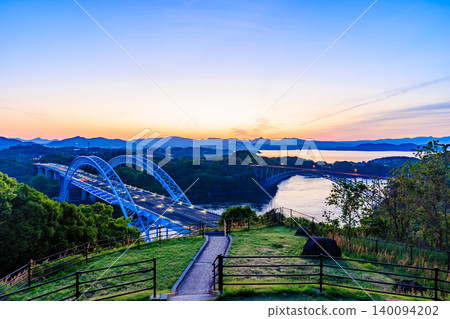 Saikai Bridge as seen from Saikai Hill Observatory before dawn, Saikai City, Nagasaki Prefecture 140094202