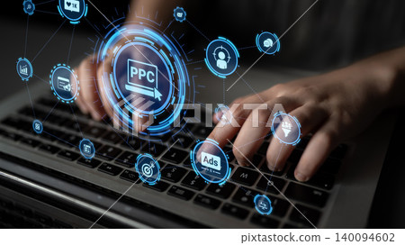 Marketing online strategy with digital advertising, PPC, social media and SEO icons Entice 140094602