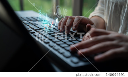 Hands Typing on Keyboard with Digital Growth Data Overlay in a Modern Office Setting Highlighting Technology and Productivity Insights Scalp Hands Typing on Keyboard with Digital Growth Data Overlay in a Modern Office Setting Highlighting Technology and Productivity Insights Scalp 140094691
