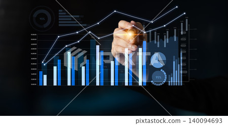 Business professional analyzing data trends with digital interface showing graphs, charts, and statistics on dark background for financial insights Scalp 140094693