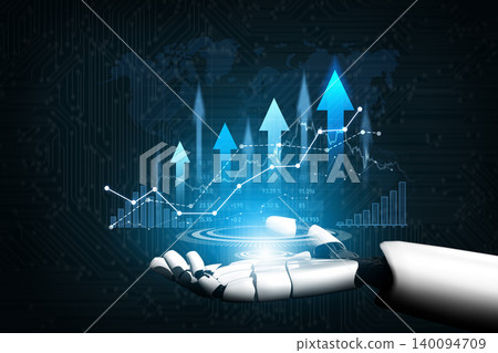Futuristic robotic hand presenting upward growth graphs with blue arrows on a dark digital background representing technology and analytics concepts in finance Scalp Futuristic robotic hand presenting upward growth graphs with blue arrows on a dark digital background representing technology and analytics concepts in finance Scalp 140094709