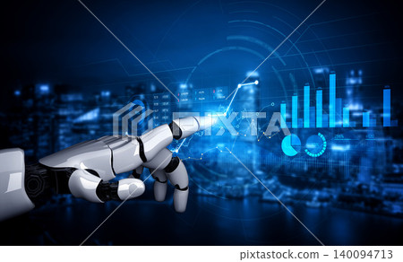 Futuristic robotic hand pointing at digital graphs and charts with urban skyline in the background, representing technology and data analysis Scalp 140094713