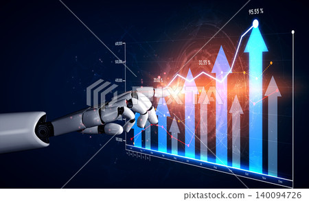 Futuristic robotic hand interacting with digital financial graph showcasing upward trends and progress in technology and data analysis Scalp 140094726