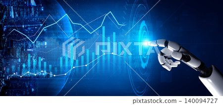 Futuristic robotic hand interacting with data visualization and analytics on a blue background depicting technology and innovation in digital finance Scalp Futuristic robotic hand interacting with data visualization and analytics on a blue background depicting technology and innovation in digital finance Scalp 140094727