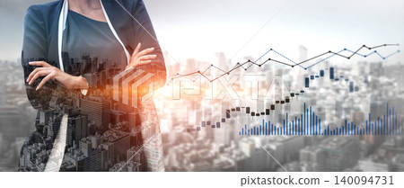 Businesswoman Overlooking Cityscape with Financial Graphs and Data Visualization in Urban Environment for Professional Growth and Market Analysis Scalp 140094731