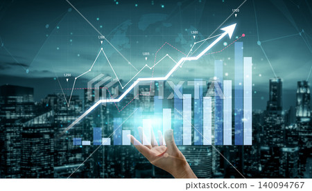 Hand Reaching Towards Digital Chart with Growing Graphs and Data Points against Futuristic Cityscape and Abstract Technology Background Scalp 140094767