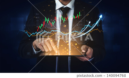Businessman in Suit Using Tablet to Analyze Stock Market Trends with Graphs and Data on Dark Background for Financial Investment and Trading Concept Scalp Businessman in Suit Using Tablet to Analyze Stock Market Trends with Graphs and Data on Dark Background for Financial Investment and Trading Concept Scalp 140094768