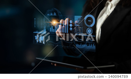 Business professional using digital tablet to analyze financial data with futuristic interface and graphs in a modern office environment Scalp Business professional using digital tablet to analyze financial data with futuristic interface and graphs in a modern office environment Scalp 140094789