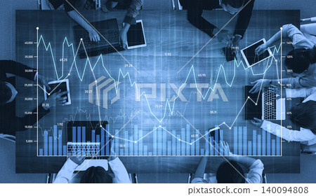 Business team analyzing financial data and chart trends during a meeting, showcasing technology and collaboration in a modern workspace Scalp Business team analyzing financial data and chart trends during a meeting, showcasing technology and collaboration in a modern workspace Scalp 140094808