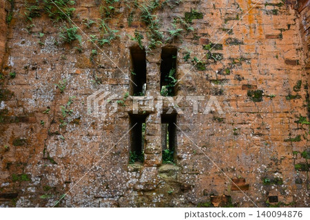 Ancient stone windows inside an old ruined red brick wall with green fern plants at My Son Sanctuary temple in Vietnam 140094876