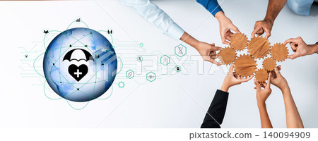 Collaborative Hands Forming Connection Around Globe with Health Symbols and Gear Elements Representing Teamwork and Global Wellness Initiatives Trope Collaborative Hands Forming Connection Around Globe with Health Symbols and Gear Elements Representing Teamwork and Global Wellness Initiatives Trope 140094909