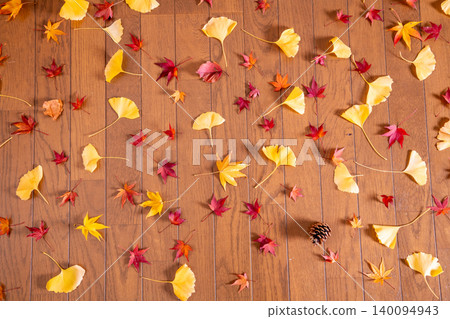 Scattered red maple leaves, ginkgo leaves, and pine cones – an image of autumn. Scattered red maple leaves, ginkgo leaves, and pine cones – an image of autumn. 140094943