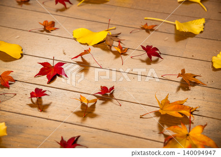 Scattered red maple leaves, ginkgo leaves, and pine cones – an image of autumn. Scattered red maple leaves, ginkgo leaves, and pine cones – an image of autumn. 140094947