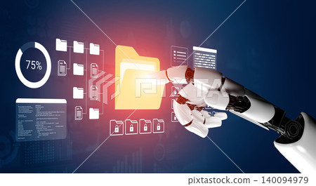 Futuristic robotic hand interacting with digital file management interface showcasing data analysis and organization concepts Ledger Futuristic robotic hand interacting with digital file management interface showcasing data analysis and organization concepts Ledger 140094979