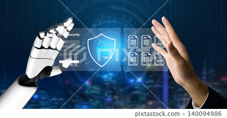 Futuristic Robot Hand with Cyber Security Interface Protecting Data Against Human Hand Gesture in Digital Environment Ledger Futuristic Robot Hand with Cyber Security Interface Protecting Data Against Human Hand Gesture in Digital Environment Ledger 140094986