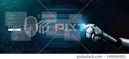 Futuristic Cybersecurity Interface Featuring a Robotic Hand Interacting with Facial Recognition Technology and Security Alerts Ledger Futuristic Cybersecurity Interface Featuring a Robotic Hand Interacting with Facial Recognition Technology and Security Alerts Ledger 140094991
