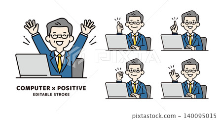 A set of vector illustrations of company presidents, executives, and bosses operating computers with positive expressions and poses. A set of vector illustrations of company presidents, executives, and bosses operating computers with positive expressions and poses. 140095015
