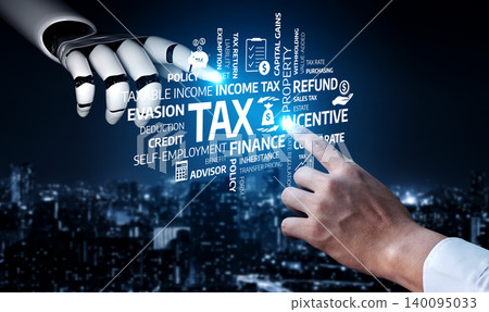 Futuristic Tax Concepts and Financial Technology Represented by Robotic Hand Pointing at Tax Words Against Night Skyline Background. Tessel Futuristic Tax Concepts and Financial Technology Represented by Robotic Hand Pointing at Tax Words Against Night Skyline Background. Tessel 140095033
